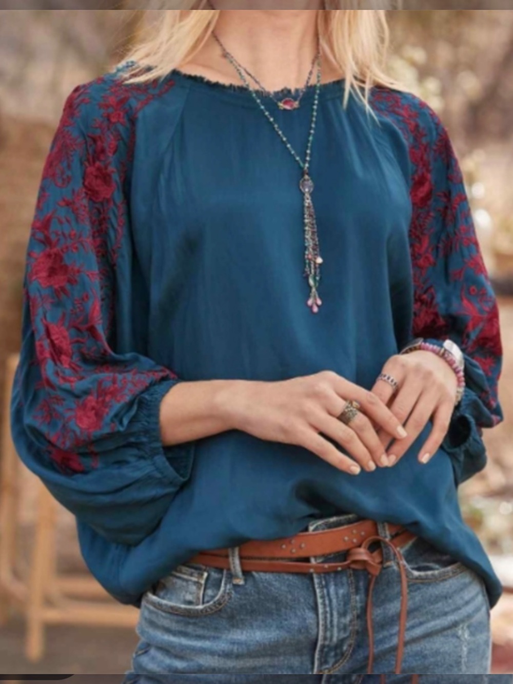 Sundance parlor blooms float Teal Blouse with Burgundy Floral Sleeve Embroidery